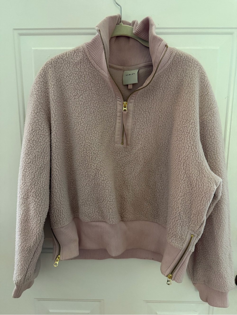 Varley Pale Pink Sherpa Half-Zip Pullover with Gold Zipper